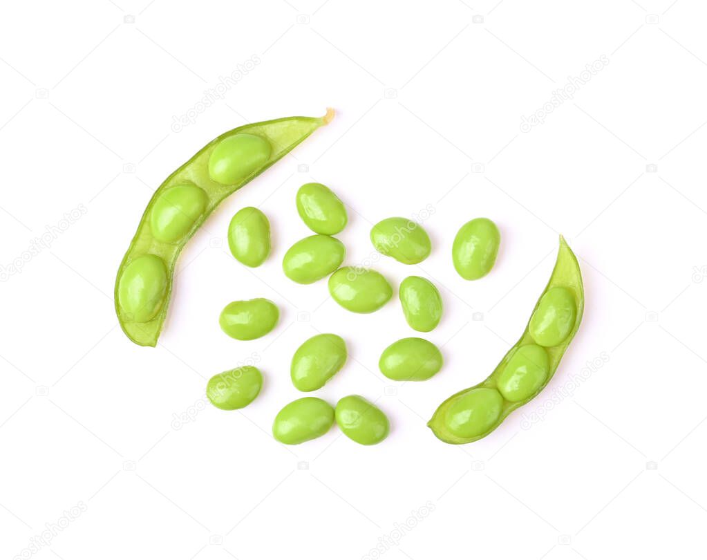 Green soybeans, edamame beans on white background. Top view