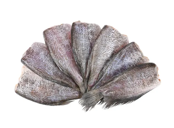 Beyaz arka planda güneşte kurutulmuş balık, Yılan Derisi Gourami Balığı, Pla Salit (Trichogaster pectoralis) izole edilmiştir. Üst görünüm