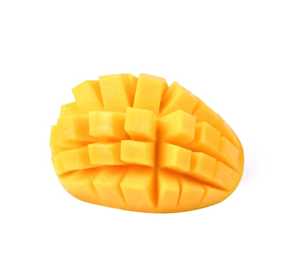 Mango Plak Gesneden Kubus Geïsoleerd Witte Achtergrond — Stockfoto