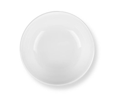 Beyaz arka planda izole edilmiş beyaz seramik kase. Üst görünüm