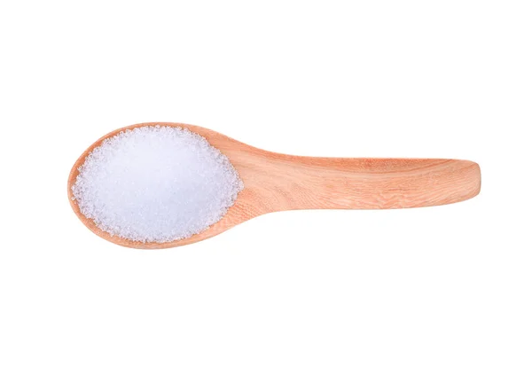 Zuivere Geraffineerde Suiker Houten Lepel Geïsoleerd Witte Achtergrond Bovenaanzicht — Stockfoto