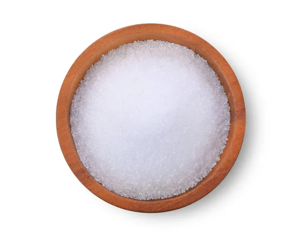 Witte Suiker Houten Kom Witte Achtergrond Bovenaanzicht — Stockfoto