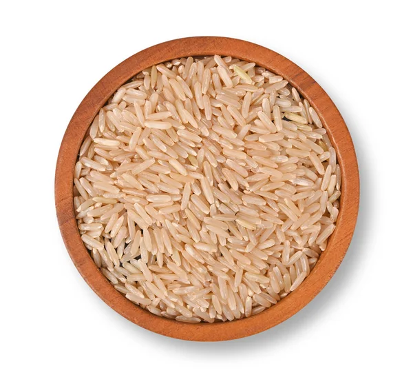 Hnědá Rýže Dřevěné Míse Izolované Bílém Pozadí Horní Pohled — Stock fotografie