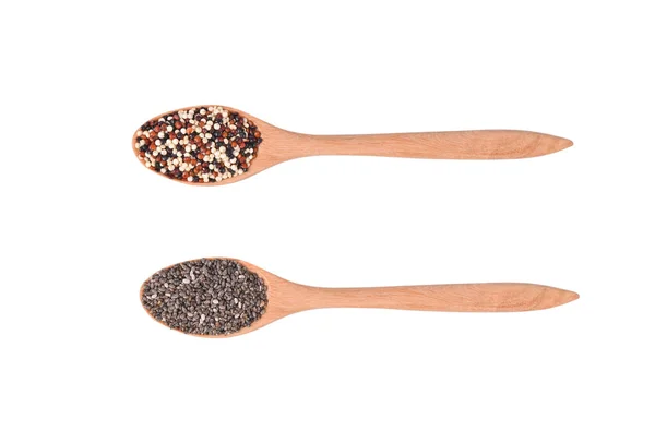 Quinoa Seeds Chia Seeds Wooden Spoon Isolated White Background Top — Stock Photo, Image