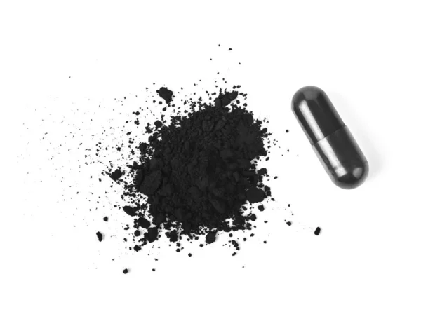 Charcoal Capsules Powder Isolated White Background Top View — Stock Photo, Image