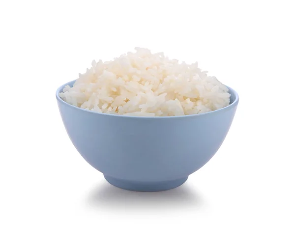 用白色背景隔离的蓝色碗中的米 — 图库照片