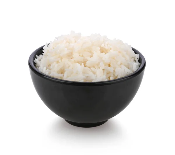 Vařená Rýže Černé Misce Izolované Bílém Pozadí — Stock fotografie