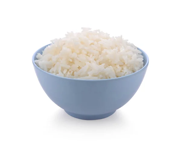 Vařené Rýže Modré Míse Izolované Bílém Pozadí — Stock fotografie