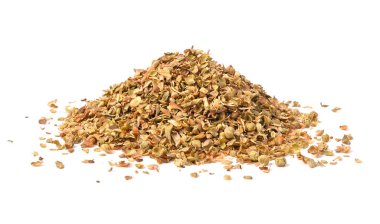 Heap of Dried oregano spice, Pile of dry oregano or marjoram leaves isolated on white background.
