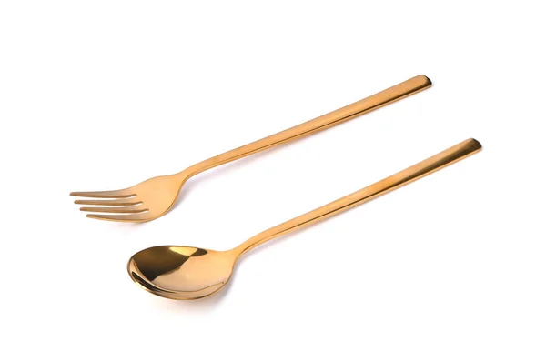 Golden Spoon Fork Isolated White Background — 图库照片