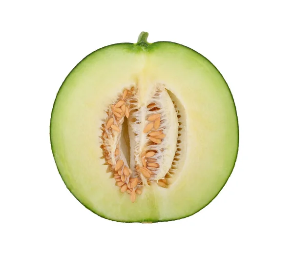 Hälften Cantaloupemelon Isolerat Den Vita Bakgrunden Ovanifrån — Stockfoto