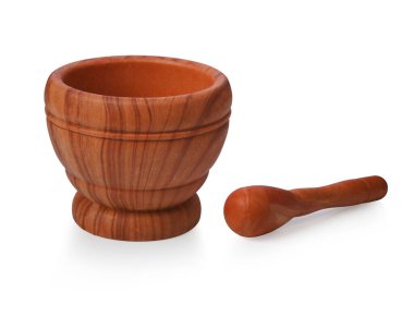 Ahşap desenli havan topu beyaz arka planda izole edilmiş. Havan topu Tayland yemeklerinde acılı köri yapmak ve hapları ezmek için önemli bir araçtır..