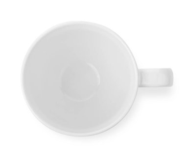 Beyaz arka planda izole edilmiş beyaz seramik bardak. en üstteki görünüm