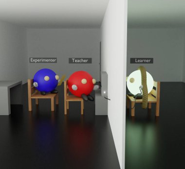 Öğretmen, öğrenci ve deneyci ile kurulmuş Milgram Deneyinin 3B canlandırması / illüstrasyonu.