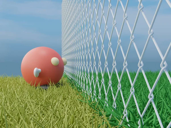 3D render of someone looking from one side of a chain link fence to the other side with greener grass showing \