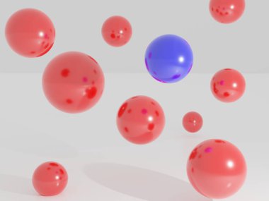 Bir mavi topta bir sürü parlak kırmızı topun 3D görüntüsü