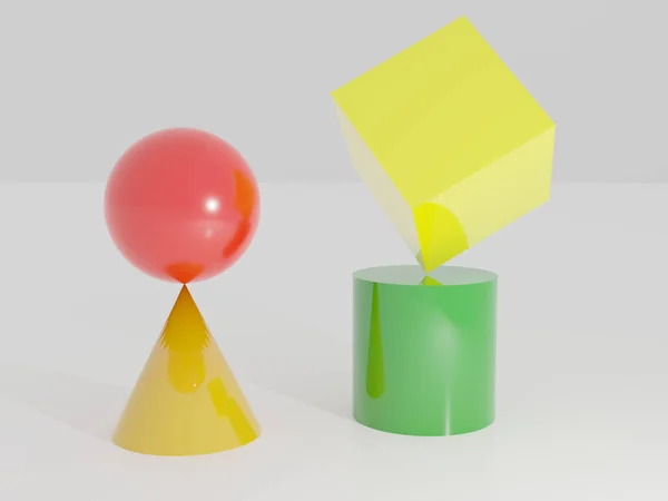 Renderizado Una Esfera Cono Cubo Cilindro Diferentes Colores — Foto de Stock