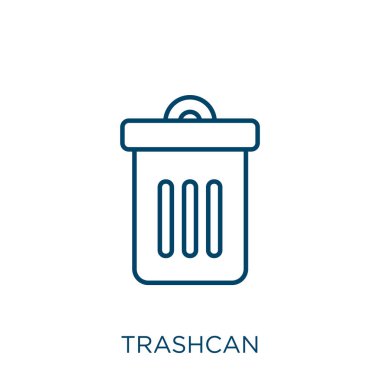 Çöp kutusu simgesi. Beyaz arkaplanda izole edilmiş ince doğrusal çöp kutusu ana hatları simgesi. Satır vektör çöp kutusu işareti, ağ ve mobil simgesi