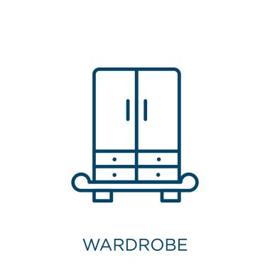 Kostüm ikonu. İnce dolap taslak simgesi beyaz arkaplanda izole edildi. Çizgi vektör gardırobu işareti, ağ ve mobil sembolü