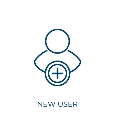 yeni kullanıcı simgesi. Beyaz arkaplanda izole edilmiş ince doğrusal yeni kullanıcı taslağı simgesi. Satır vektörü yeni kullanıcı işareti, ağ ve mobil için sembol