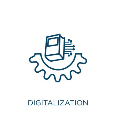 dijitalleştirme simgesi. Beyaz arkaplanda izole edilmiş ince doğrusal dijitalleştirme ana hatları simgesi. Satır vektör dijitalleştirme işareti, ağ ve mobil sembolü