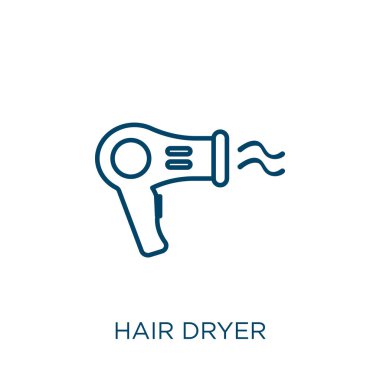 Saç kurutma makinesi ikonu. Beyaz zemin üzerinde izole edilmiş ince çizgisel saç kurutma taslak ikonu. Çizgi vektör saç kurutucu işareti, ağ ve mobil sembolü
