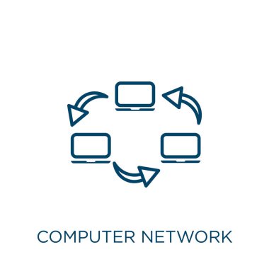 bilgisayar ağı simgesi. İnce doğrusal bilgisayar ağı ana hatları simgesi beyaz arkaplanda izole edildi. Satır vektörü bilgisayar ağı işareti, ağ ve mobil sembolü