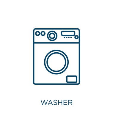 çamaşır yıkama ikonu. Beyaz zemin üzerinde izole edilmiş ince doğrusal yıkama dış hat simgesi. Çizgi vektör temizleyici işareti, ağ ve mobil sembolü