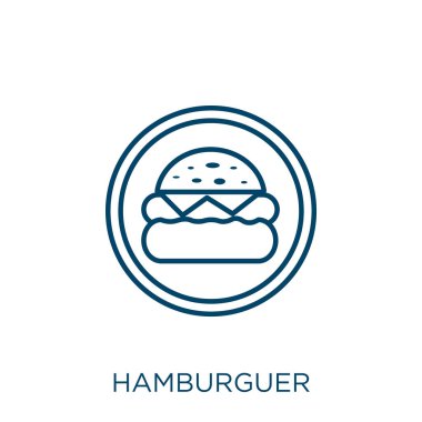 Hamburger ikonu. Beyaz arkaplanda izole edilmiş ince doğrusal hamburgerin ana hatları simgesi. Çizgi vektörü hamburgerci işareti, ağ ve mobil sembolü