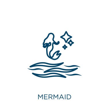 Deniz kızı ikonu. Beyaz arkaplanda izole edilmiş ince doğrusal denizkızı ana hatları simgesi. Çizgi vektör deniz kızı işareti, ağ ve mobil sembolü