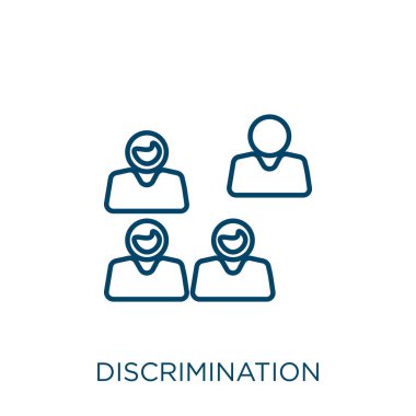 Ayrımcılık simgesi. Beyaz arkaplanda izole edilmiş ince doğrusal ayrımcılık ana hatları simgesi. Çizgi vektör ayrımcılığı işareti, ağ ve mobil sembolü