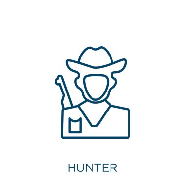 Avcı ikonu. Beyaz arkaplanda izole edilmiş ince doğrusal avcı ana hatları simgesi. Çizgi vektör avcısı işareti, ağ ve mobil sembolü