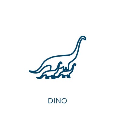 Dino ikonu. Beyaz arkaplanda izole edilmiş ince doğrusal dinazor ana hatları simgesi. Çizgi vektör dino işareti, ağ ve mobil sembolü