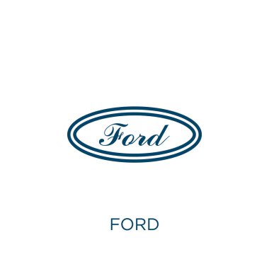 Ford ikonu. Beyaz arkaplanda izole edilmiş ince doğrusal Ford taslak simgesi. Hat vektörü ford işareti, ağ ve mobil sembolü