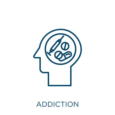 Bağımlılık ikonu. Beyaz arka planda izole edilmiş ince çizgisel bağımlılık ana hatları simgesi. Çizgi vektör bağımlılık işareti, ağ ve mobil sembolü