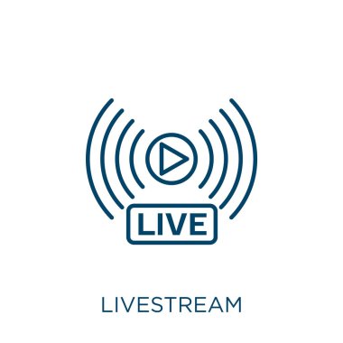 Live Vestream ikonu. Beyaz arkaplanda izole edilmiş ince doğrusal canlı ana hatları simgesi. Çizgi vektör canlı yayın işareti, ağ ve mobil sembolü
