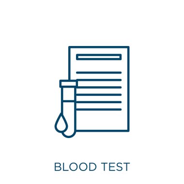 Kan testi ikonu. Beyaz zemin üzerinde izole edilmiş ince doğrusal kan testi ana hatları ikonu. Çizgi vektör kan testi işareti, ağ ve mobil sembolü