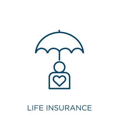 Hayat sigortası ikonu. Beyaz arka planda izole edilmiş ince doğrusal hayat sigortası ana hatları simgesi. Çizgi vektör yaşam sigortası işareti, ağ ve mobil sembolü