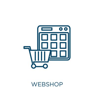 Web mağazası simgesi. Beyaz arkaplanda izole edilmiş ince doğrusal web sitesi ana hatları simgesi. Satır vektör ağı işareti, ağ ve mobil simgesi