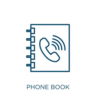 Telefon rehberi simgesi. Beyaz arkaplanda izole edilmiş ince doğrusal telefon rehberi ana hatları simgesi. Satır vektör telefon rehberi işareti, ağ ve mobil için sembol