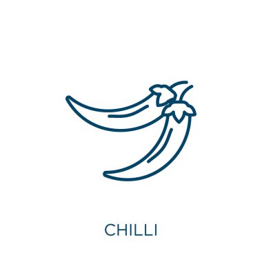 Acı biber ikonu. Beyaz arkaplanda izole edilmiş ince doğrusal biber ana hatları simgesi. Satır vektörü kırmızı biber işareti, ağ ve mobil sembolü