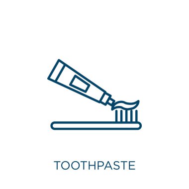 Diş macunu ikonu. Beyaz arkaplanda izole edilmiş ince doğrusal diş macunu dış hat simgesi. Çizgi vektör diş macunu işareti, ağ ve mobil sembolü