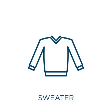 Kazak ikonu. Beyaz arkaplanda izole edilmiş ince çizgisel süveter taslak ikonu. Çizgi vektör süveter işareti, ağ ve mobil sembolü