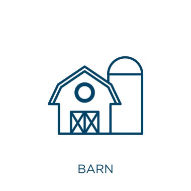 Ahır simgesi. Beyaz zemin üzerinde izole edilmiş ince doğrusal ahır ana hatları simgesi. Çizgi vektör ambarı işareti, ağ ve mobil sembolü