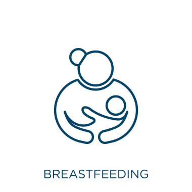 Emzirme ikonu. Beyaz zemin üzerinde izole edilmiş ince doğrusal emzirme dış hat simgesi. Satır vektörü emzirme işareti, ağ ve mobil sembolü