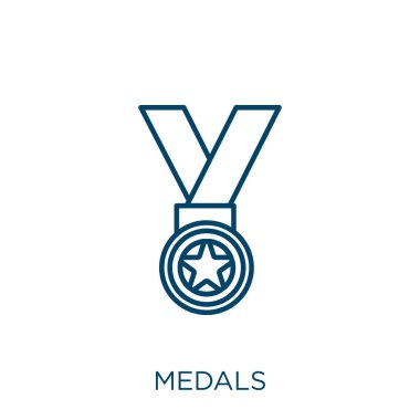 Madalya ikonu. İnce doğrusal madalyalar beyaz arkaplanda izole edilmiş ana hatlar simgesi. Çizgi vektör madalyaları, ağ ve mobil sembolü