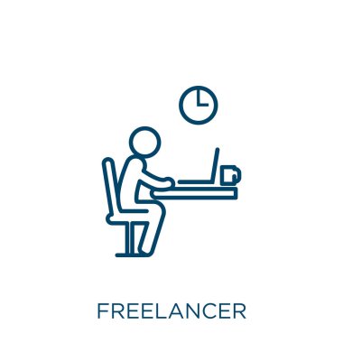 Serbest meslek ikonu. Beyaz arkaplanda izole edilmiş ince doğrusal serbest yazar taslak simgesi. Satır vektörü serbest yazar işareti, ağ ve mobil sembolü