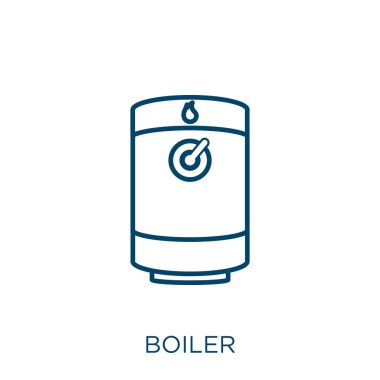 Kazan ikonu. Beyaz zemin üzerinde izole edilmiş ince doğrusal kazan ana hatları simgesi. Çizgi vektör kazan işareti, ağ ve mobil sembolü