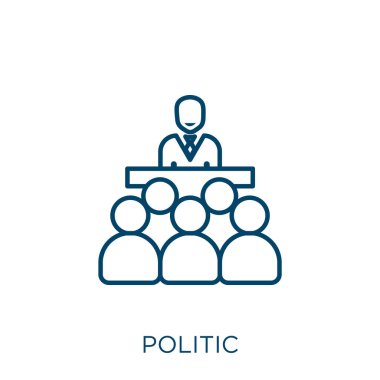 Politik bir ikon. Beyaz arka planda izole edilmiş ince doğrusal politik taslak simgesi. Çizgi vektör politikası işareti, ağ ve mobil sembolü
