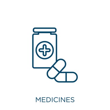 İlaç ikonu. İnce doğrusal ilaçlar beyaz arkaplanda izole edilmiş ana hatlar simgesi. Satır vektör ilaçları işareti, ağ ve mobil sembolü